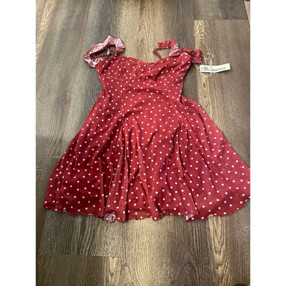 No Boundaries Women’s Red/Pink Polka Dot Sweetheart Mesh Ruffle Mini Dress M